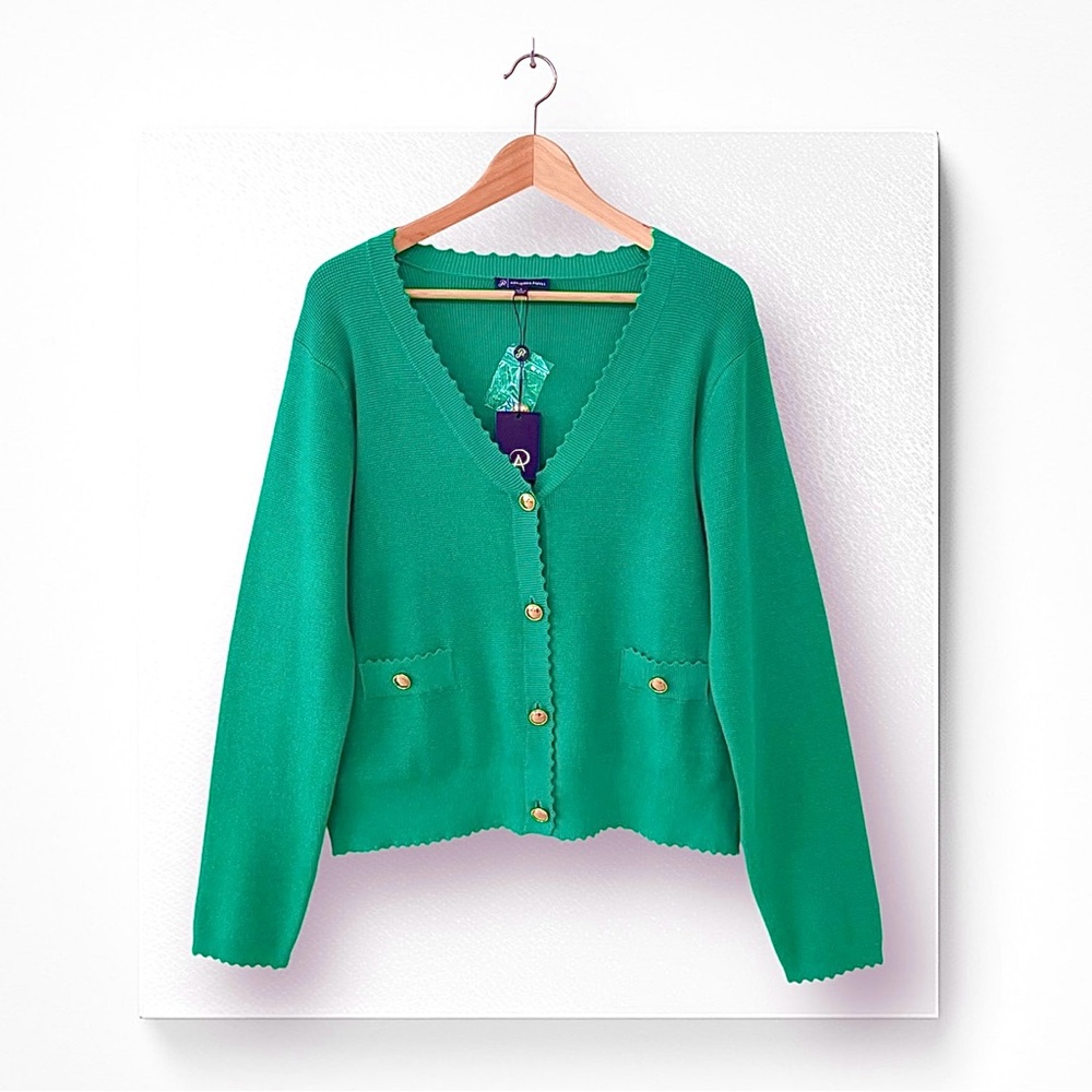 Adrianna Papell Sweater Cardigan Scallop Trims Gold Buttons Faux Front Pockets